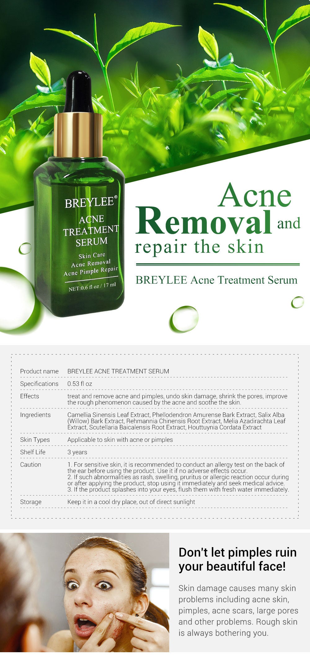 BREYLEE Tea Tree Essence Face Cream Acne Patch 4-Piece Set, Balances Oil And Water, Treats Acne