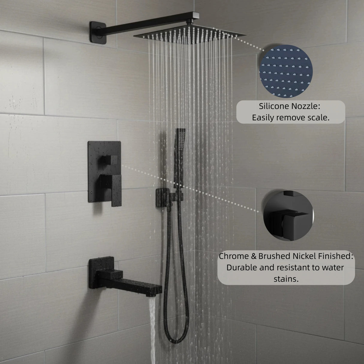 10" Rain Shower System with Tub Spout & Handheld, Matte Black Bathroom Faucet Set with Brass Valve