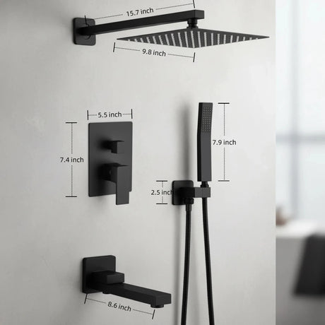 10" Rain Shower System with Tub Spout & Handheld, Matte Black Bathroom Faucet Set with Brass Valve