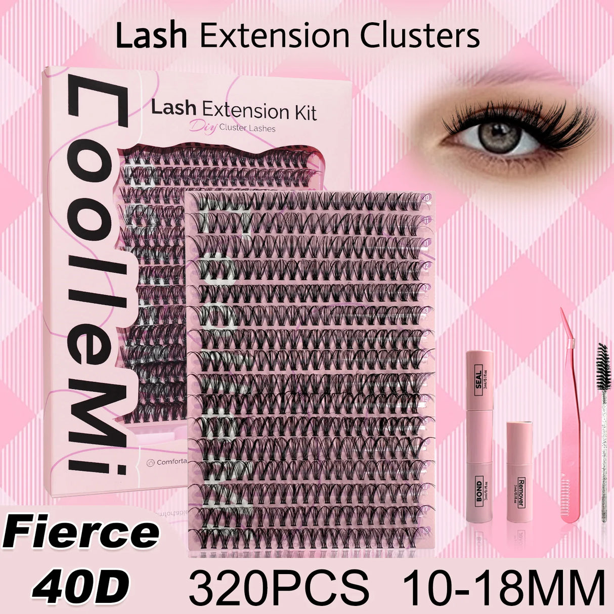 320PCS DIY Lash Kit Fierce 40D | D Curl Dense Manga Clusters 10-18mm | Ultra-Thin Band Individual Cluster Lashes with Bond Seal | Comfortable Home Self-Application Set