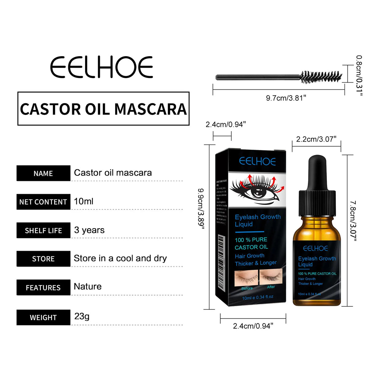 Eelhoe Castor Oil Fast Growth Eyelash Serum Shiny Mascara Eyebrow Enhance Nourish Natural Lengthen Thickening Lash Curling Serum
