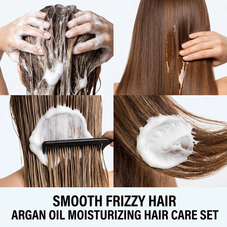 Moroccan Argan Oil Hair Care Set Gently Cleanses Deep Moisturizing Smoothing Soften Repairing Damaged Reduces Frizz Shampoo Conditioner Set