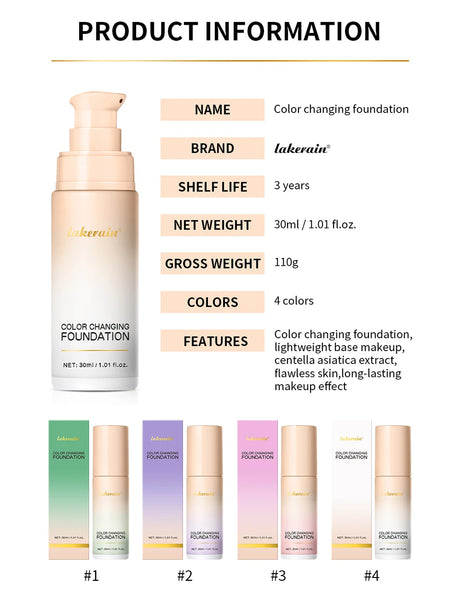 SPF30+Color Changing Foundation 4 in 1 Sun Liquid Moisture Waterproof Nourishes Coverage for All Skin Types Free Puff