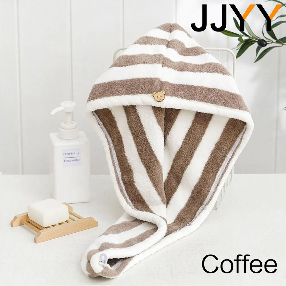 JJYY Microfiber Strong Absorbent Microfiber Dry Hair Towel Absorbent Quick Dry Striped Shower Cap Bathroom Accessories