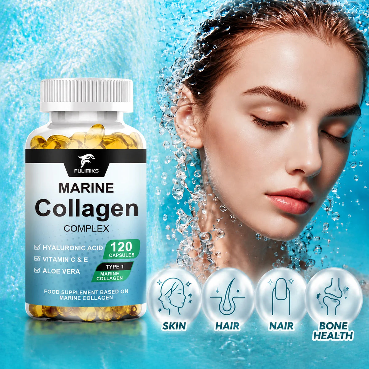 Marine Collagen Complex Capsules, Hydrolyzed Peptides for Skin Elasticity, Hair, Nails, Joint & & Bones Health, Glowing Beauty