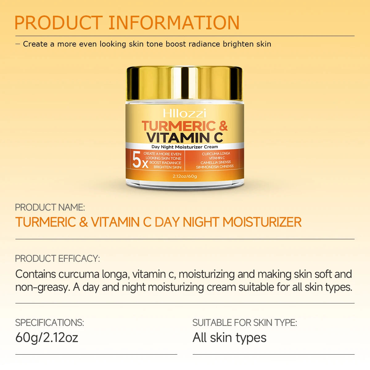 Turmeric&Vitamin C DayNight Moisturizer Cream Hydrating, Firming, Brightening, Smoothing, Repairing Hyaluronic Acid