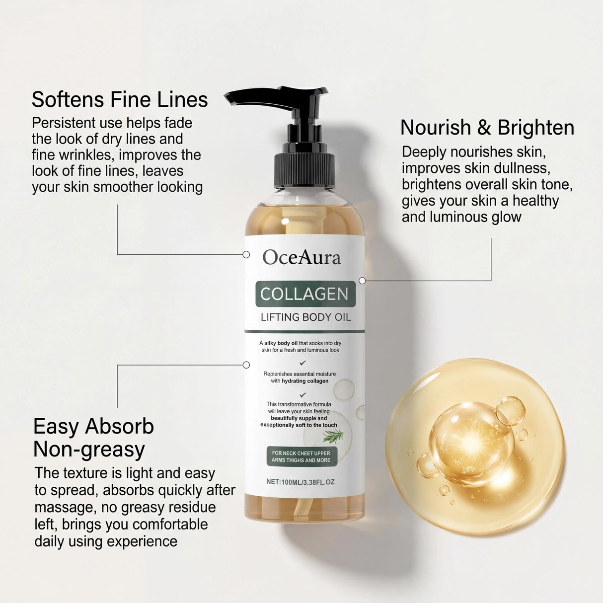 OceAura Collagen Body Oil Enhance Skin Deep Hydration Moisturizing Repair Nourishing Dry Skin Refreshing Rosemary Non-greasy Oil