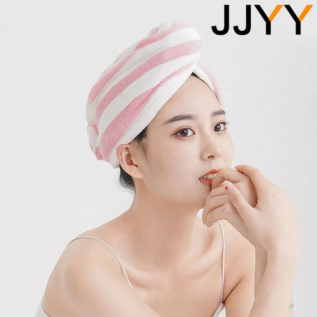 JJYY Microfiber Strong Absorbent Microfiber Dry Hair Towel Absorbent Quick Dry Striped Shower Cap Bathroom Accessories