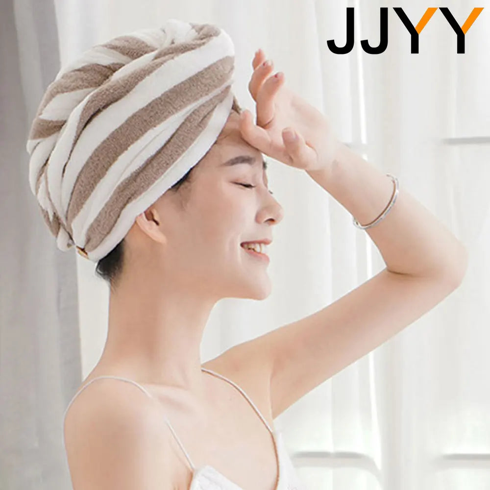 JJYY Microfiber Strong Absorbent Microfiber Dry Hair Towel Absorbent Quick Dry Striped Shower Cap Bathroom Accessories