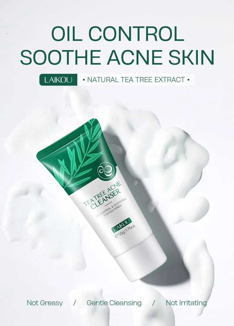 LAlKOU Tea Tree Cleanser Gentle Acne Treatment Blackhead Cleaner Shrink Pore Deep Clean Oil Control Moisturizing Face Skin Care