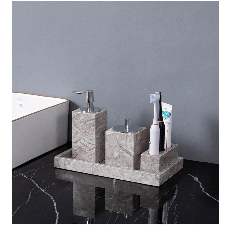 Bathroom Accessories Sets Elegant Natural Marble Liquid Soap Dispenser Toothbrush Holder Cup Soap Dish Cotton Swab Can