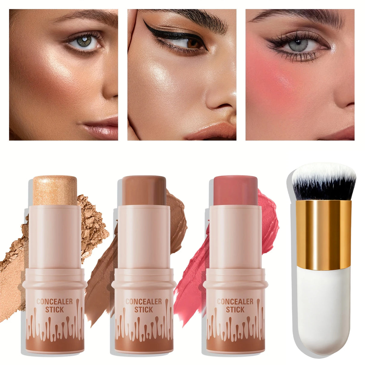 4pcs Set of Contour Stick, Highlight Stick, Blush Stick, Contour Brush, Shapes the Face Contour, Non-Greasy, Waterproof