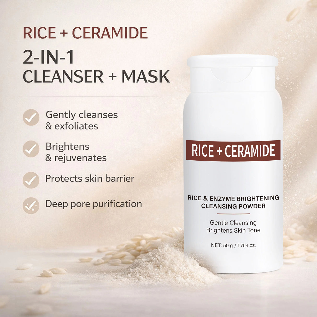 Rice Enzyme Brightening Cleansing Powder, Exfoliating Powder to Foam Cleanser, Smooth Texture,Hydrating & Gentle Skin Care 50g