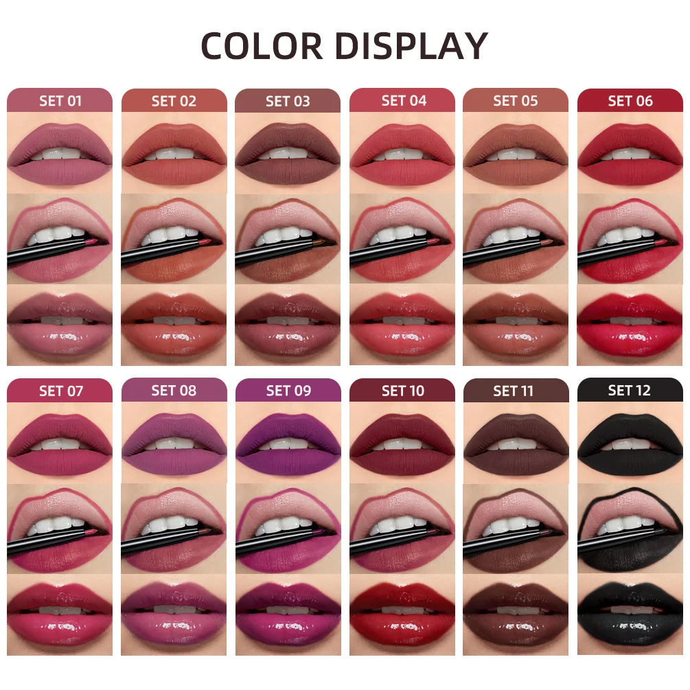 QIBEST 3pcs/set Liquid Lipstick+Lip Liner Lasting Black Brown Purple Red Matte Lip Gloss Nude Lip Stain Tint Makeup Lip Pencil