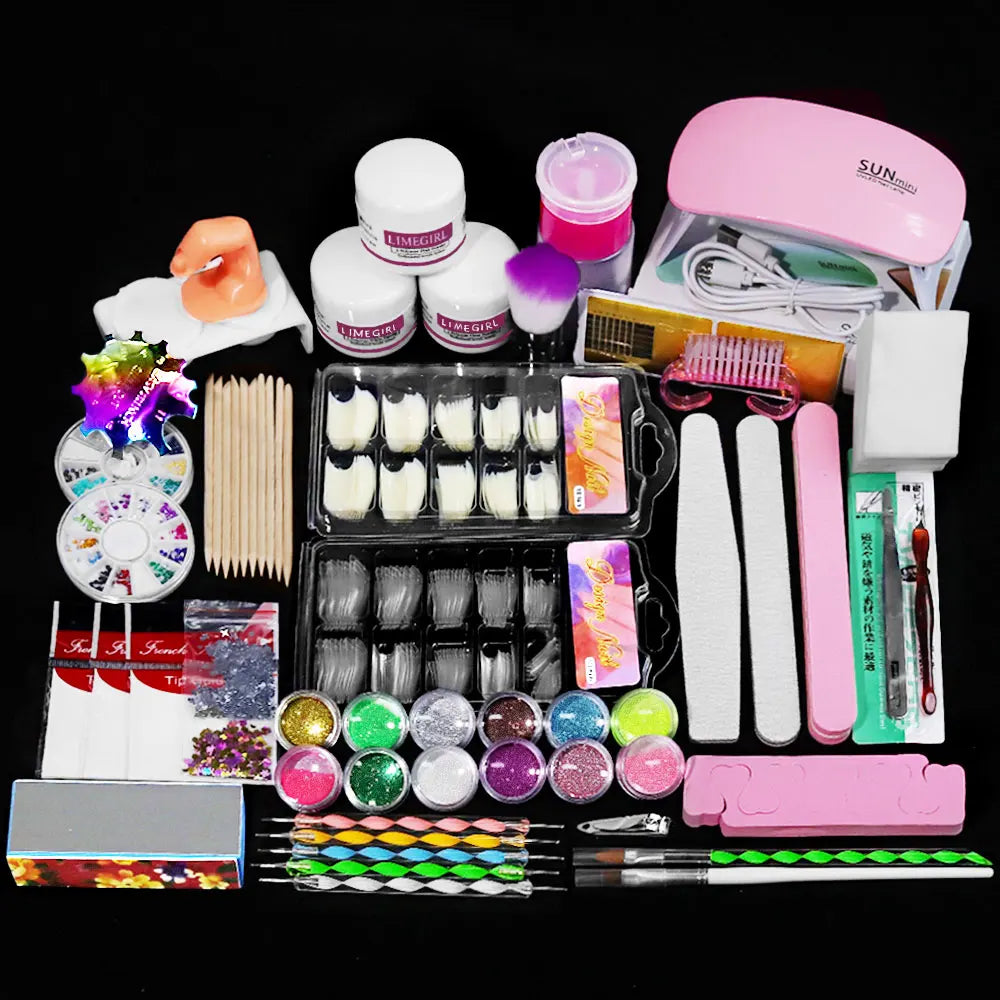 Nail Acrylic Kit 12 Color Glitter Acrylic Powder 3D Nail Art Engraving Extended Mold Crystal Powder Nail Art Tool Kit