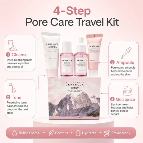 Centella Hyalu-Cica and Poremizing Travel Kit,Toner, Ampoule Serum,Face Moisturizer Cream and Night Sleeping Pack Mini 4pcs Set