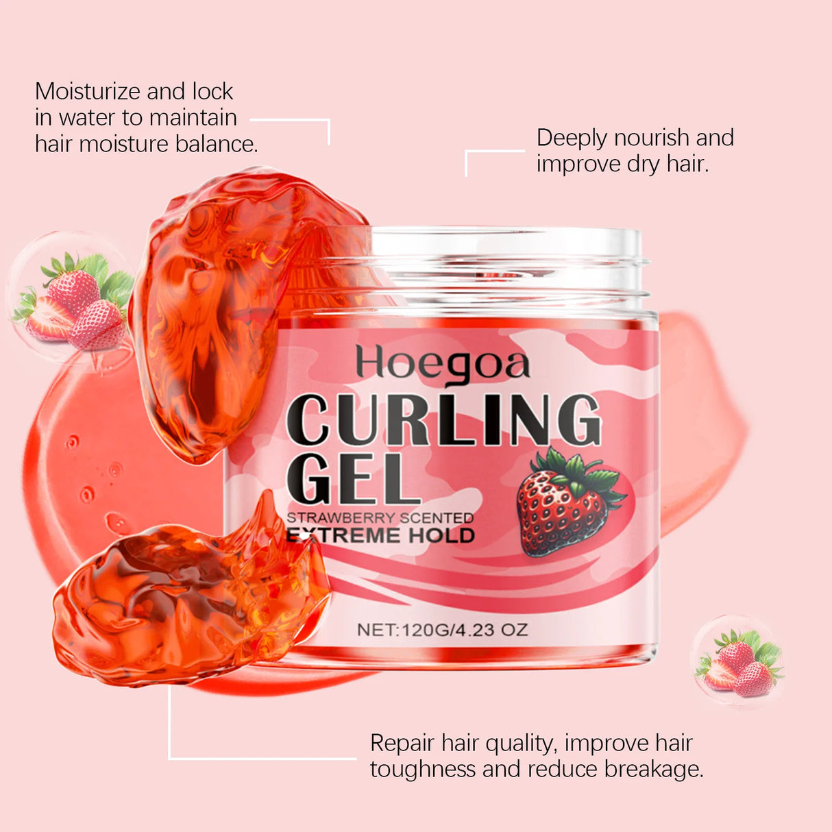 Strawberry Curl Defining Gel Strong Hold Styling Product For Curly Wavy Hair Long Lasting Volumizing Nourishing Wash Free