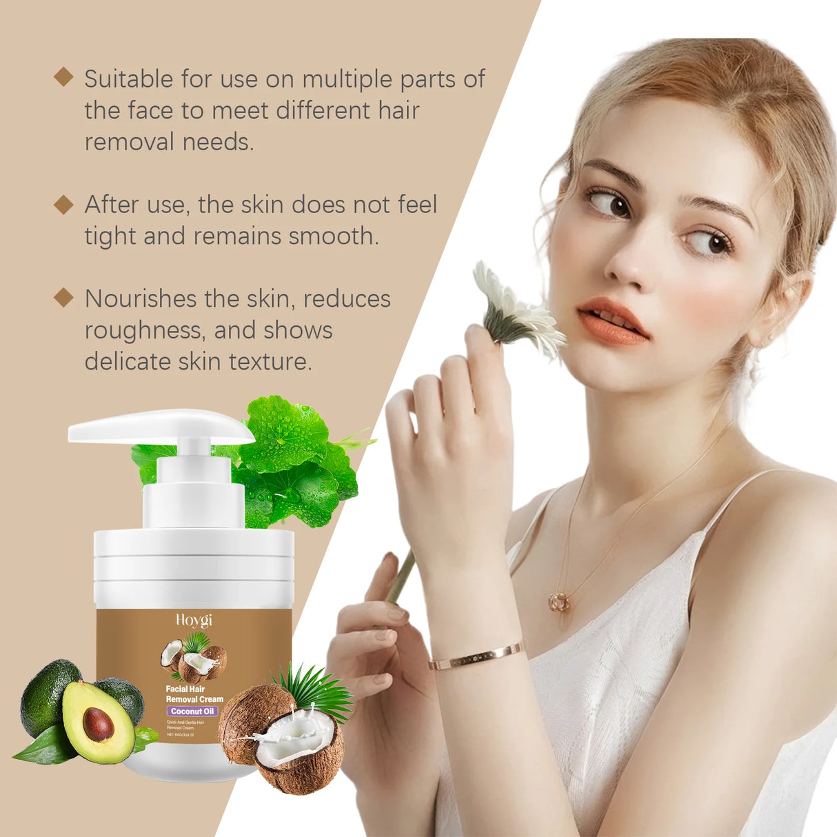 Hoygi Facial Hair Removal Cream for Sensitive Skin Care Upper Lip Hair Removal Coconut Oil Moisturizing Facial Depilatory Cream