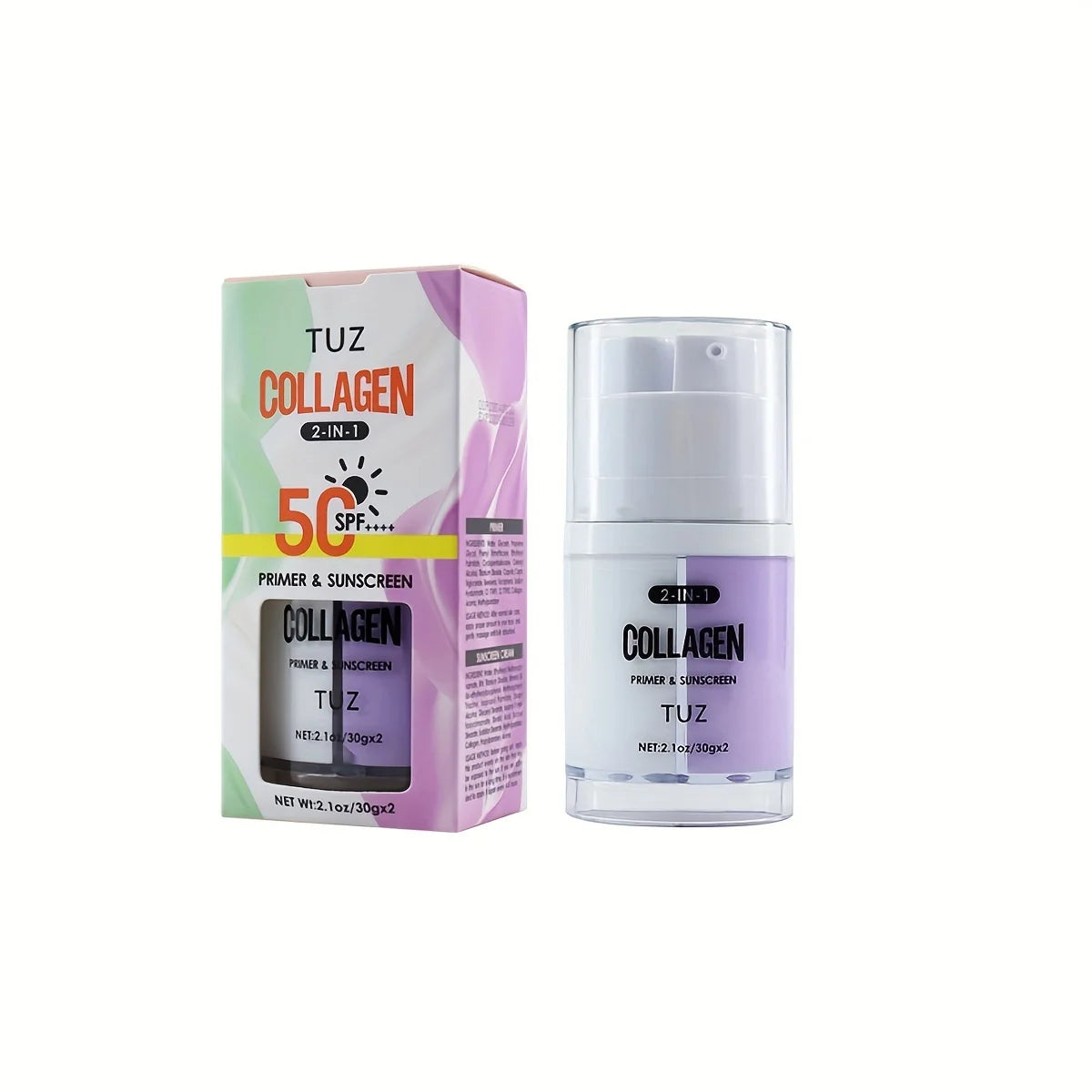 Collagen 2-in-1 Primer & Sunscreen Spf 50, Dual Chamber Face Primer with Collagen Sun Protection & Makeup Base for Flawless Skin