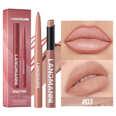 2Pcs/Set Matte Lipstick Lip Liner Pencil Non-Stick Cup Long-Lasting Velvet Red Lipstick Pen Smooth Lipliner Waterproof Makeup