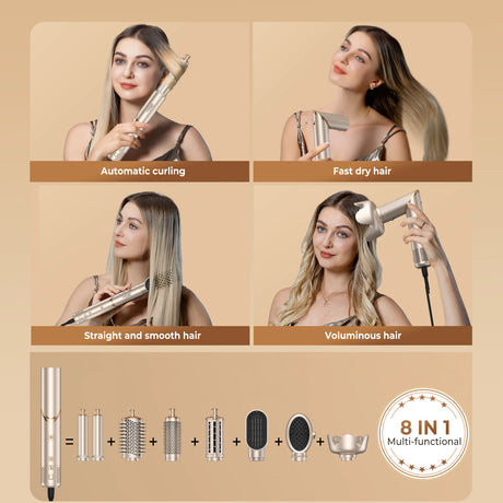 8 in 1 Hair Dryer Brush High Speed Brushless Blow Dryer Negative Ionic Hair Heating Brush Hot Air Styling Comb Auto Hair Curle