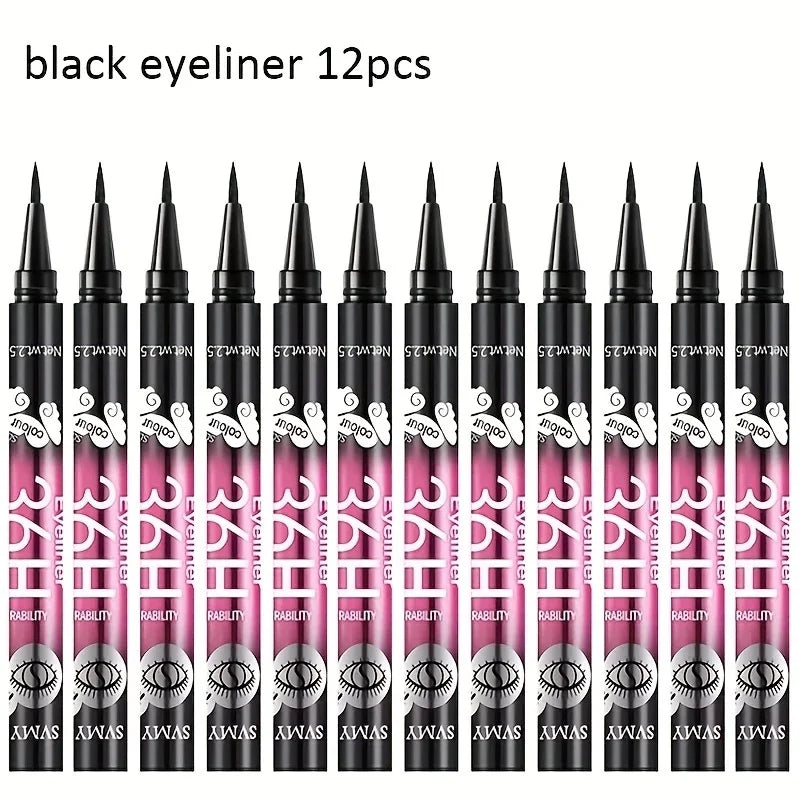 12-pack of best-selling black liquid eyeliners, long-lasting and waterproof, exquisite cosmetics.