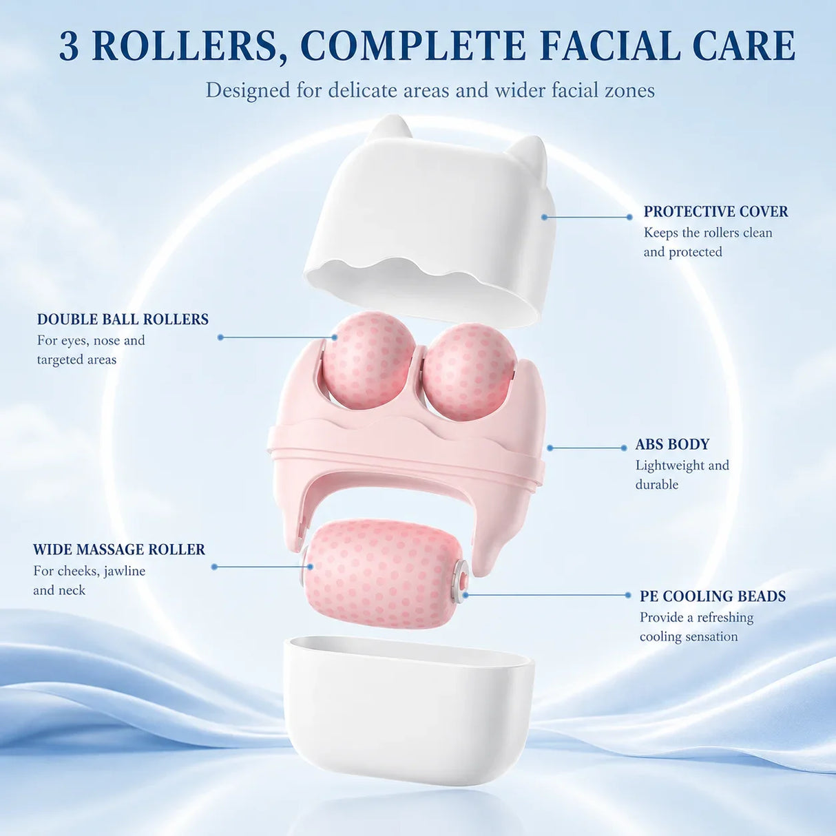 3 Roller Ice Face Roller Cooling Facial Massager with Cat Ear Storage Case Reduce Puffiness Jawline Neck Eye Skincare Massage To