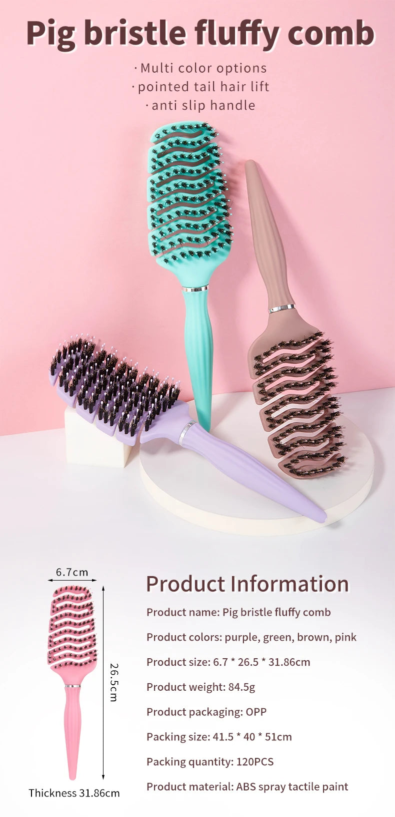 1pcs Curved Vented Boar Bristle Comb Professional Scalp Massage Comb Detangling Curl Anti-static Hairbrush Salon Styling Tool