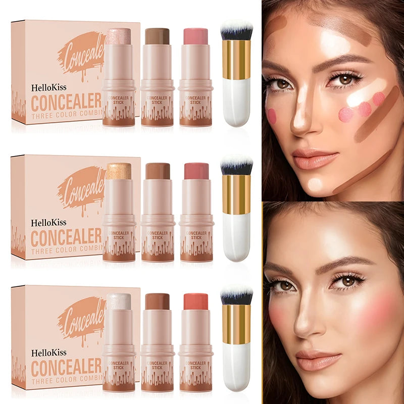 4pcs Set of Contour Stick, Highlight Stick, Blush Stick, Contour Brush, Shapes the Face Contour, Non-Greasy, Waterproof