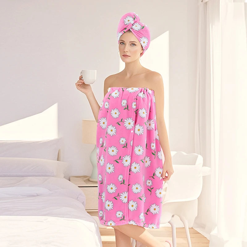 2 Pcs Combination Set Bath Skirt + Shower Cap Daisy Pastoral Style Wearable Bath Towel Skirt Hair Wrap Flower Soft & Absorbent