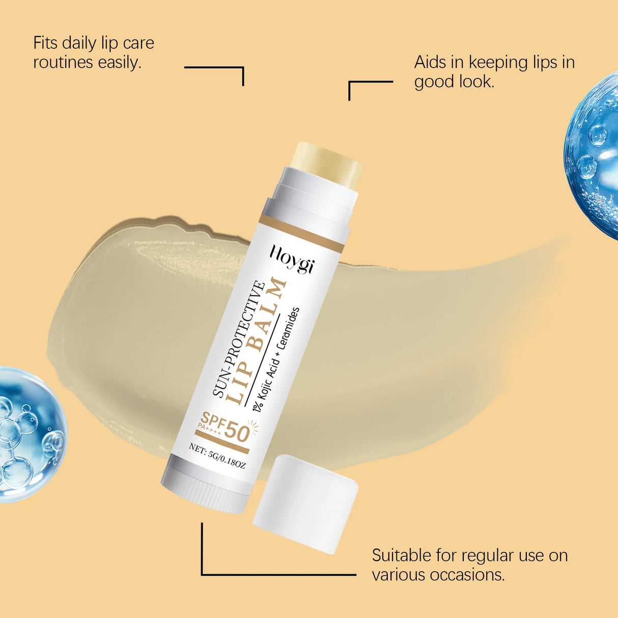 Sun Protective Lip Balm SPF50+ Hydrating Lip Sunblock Fade Lip Lines Nourishing Moisturizing Brighten with Kojic Acid Ceramide