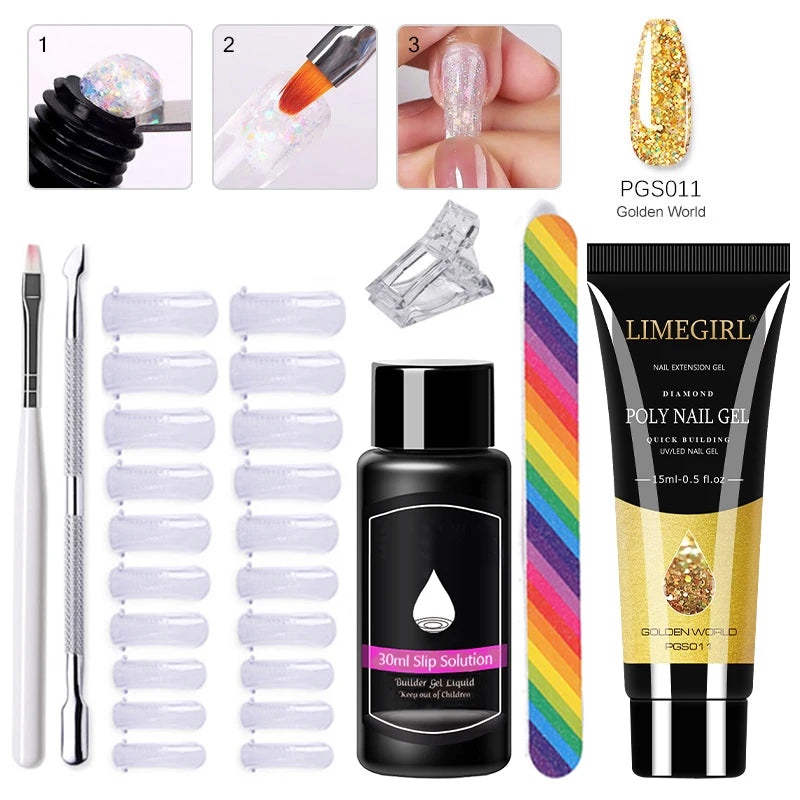 Limegirl Poly Nail UV Gel Set for Nails Quick Extension Building Soak Off UV Polys Nail Gel Kit Manicure Art Decoration Tools