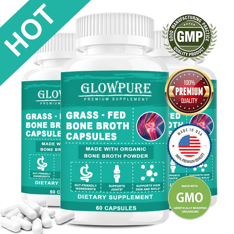 Bone Broth Collagen Protein Capsules - Grass-Fed Collagen Powder for Skin & Bones Joint Health and Flexibility Paleo Friendly