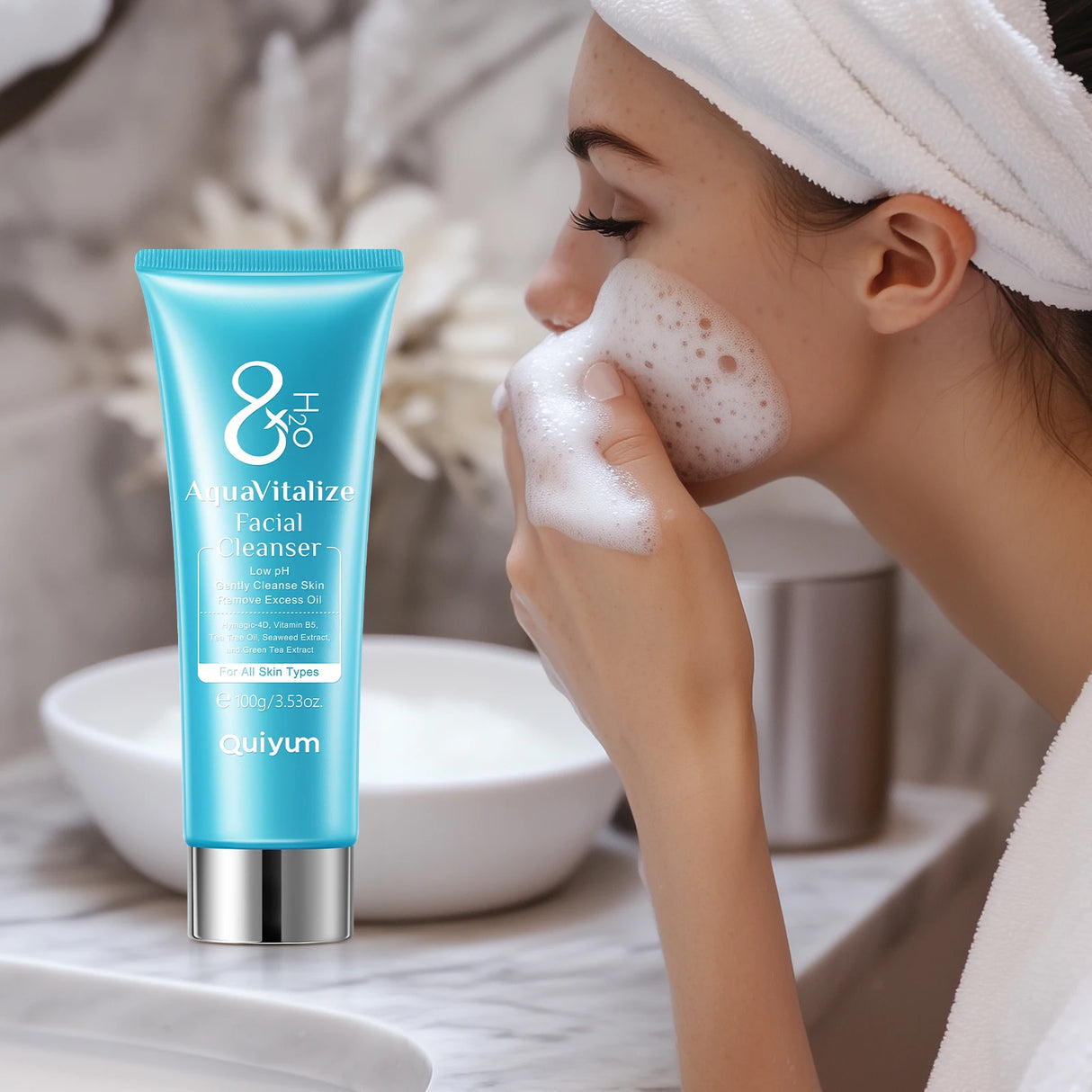 Quiyum 8X H2O AquaVitalize Facial Cleanser 100g Gentle Daily Cleansing Oil Control Refreshing Face Wash for All Skin Types