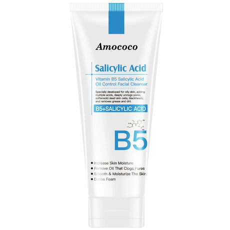 Amococo 2Pcs B5 Salicylic Acid Face Wash 100ml Oil Control Cleanser Deep Pore Foaming Wash for Oily Acne Prone Skin