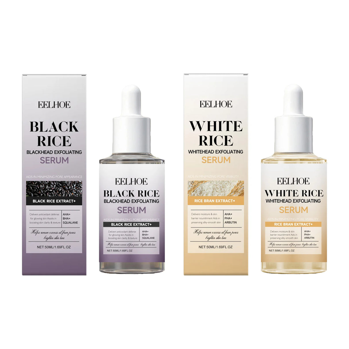 Black & White Rice Exfoliating Serum Set BHA Niacinamide Pore Minimizing & Brightening Blackhead Whitehead Remover Skincare Set