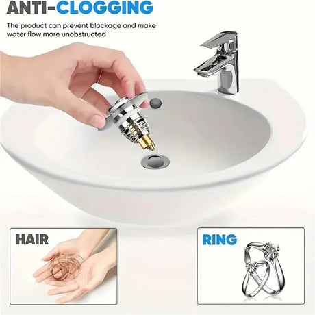 Universal Rebound Drain Plug Filter Basin Pop-up Chrome Sink Filter with Hair Catcher Bathroom Sink Drain Stopper Easy Push Type