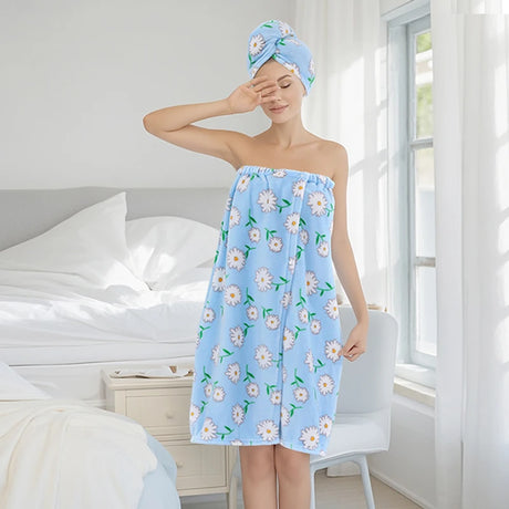 2 Pcs Combination Set Bath Skirt + Shower Cap Daisy Pastoral Style Wearable Bath Towel Skirt Hair Wrap Flower Soft & Absorbent