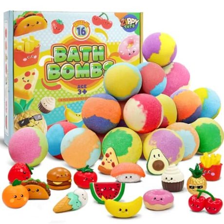 Zippytots Bath Bombs with Food Toys Inside, 16 Pack Colorful Surprise Bath Fizzies Set, Organic Fizzy Bubble Bath Bombs for Gir