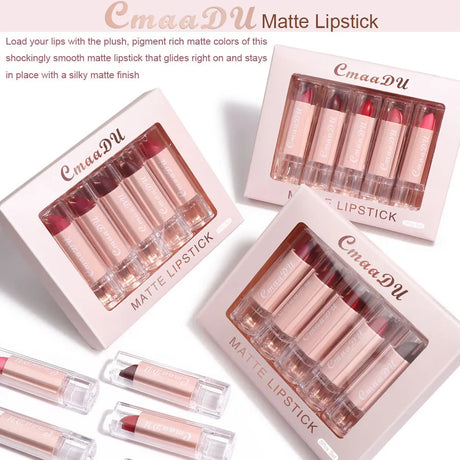 Velvet Matte Lipstick Set 5pcs Long Lasting Waterproof Red Nude Lipsticks Non Stick Cup Makeup Cosmetics Collection