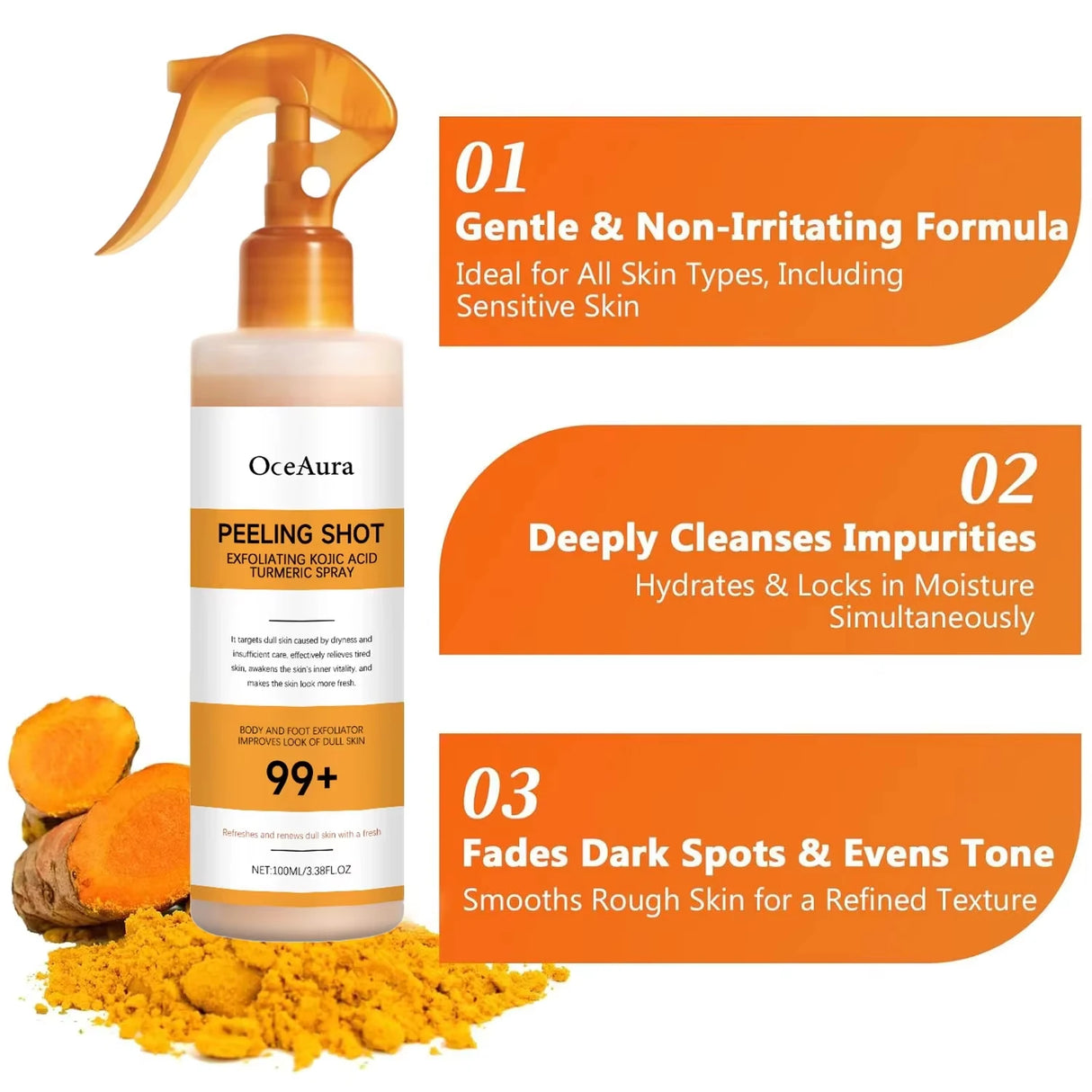 Exfoliating Kojic Acid Turmeric Spray Gently Peeling Solution Hydrating Skin Brightening Mist for Smooth Skin Back & Foot Care