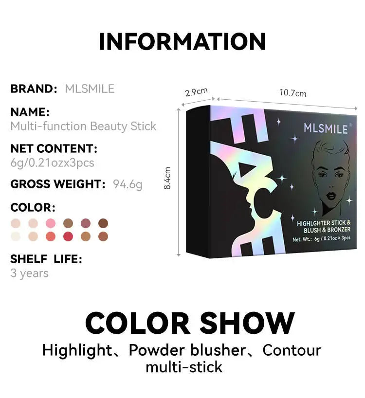 MLSMILE Highlight Contour 3-pack For 3D Makeup Brightening Skin Tone Face Blush Stick 3 Pcs Set 2025 New