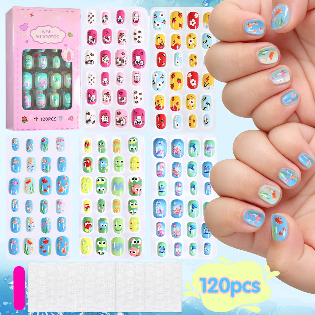 120Pcs Children's Press on Nails Kids Cartoon Acrylic Fake Nails Tips Kawaii Girl Full Cover Short False Nails With Jelly Glue#@