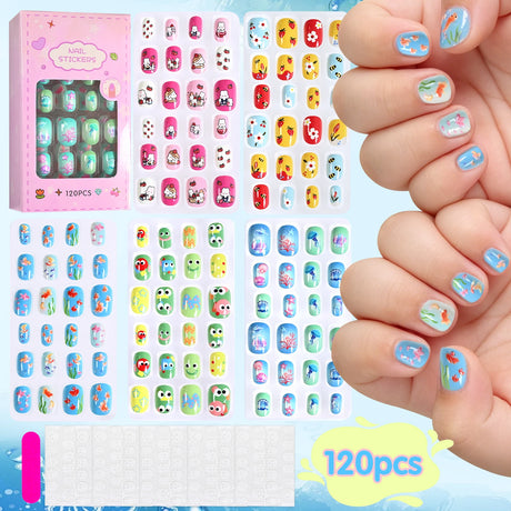 120Pcs Children's Press on Nails Kids Cartoon Acrylic Fake Nails Tips Kawaii Girl Full Cover Short False Nails With Jelly Glue#@
