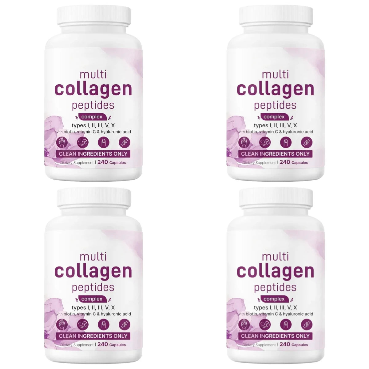 Multi Collagen Capsules 240ct Type I II III V X with Biotin Hyaluronic Acid Vitamin C Hydrolyzed Protein Supplement