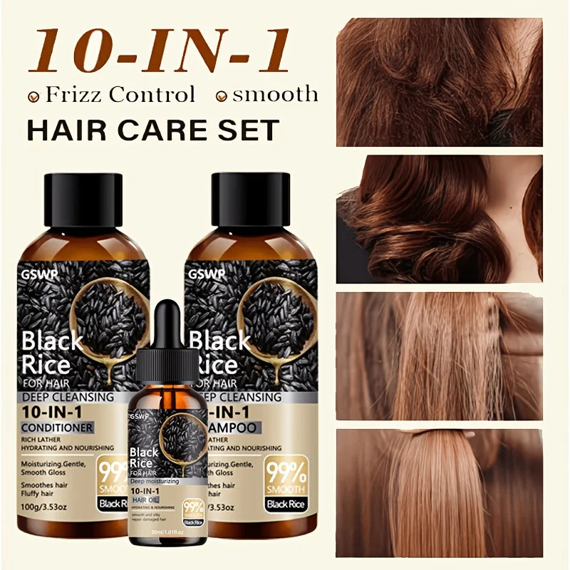 GSWP 10-in-1 Black Rice Moisturizing Shampoo Conditioner Set: Gently Cleanses, Reduces Frizz, Brightens Hair Shine. 200g + 30ml