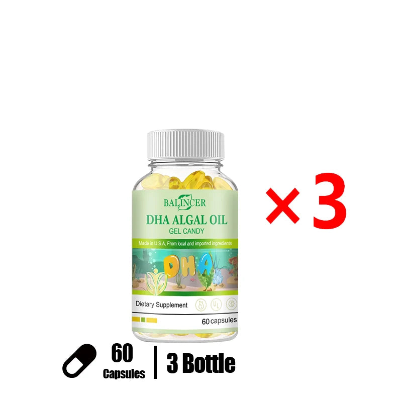 Algal Oil Omega 3 Softgels with DHA & EPA, Daily Nutritional Supplement, Supports Brain Cognitive Eye Heart & Skin Hair Wellness