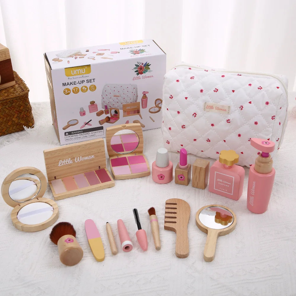 Kids' Pretend Makeup Toy Wooden Role‑play Dress‑up Vanity Gift Makeup Bag Set for Girls