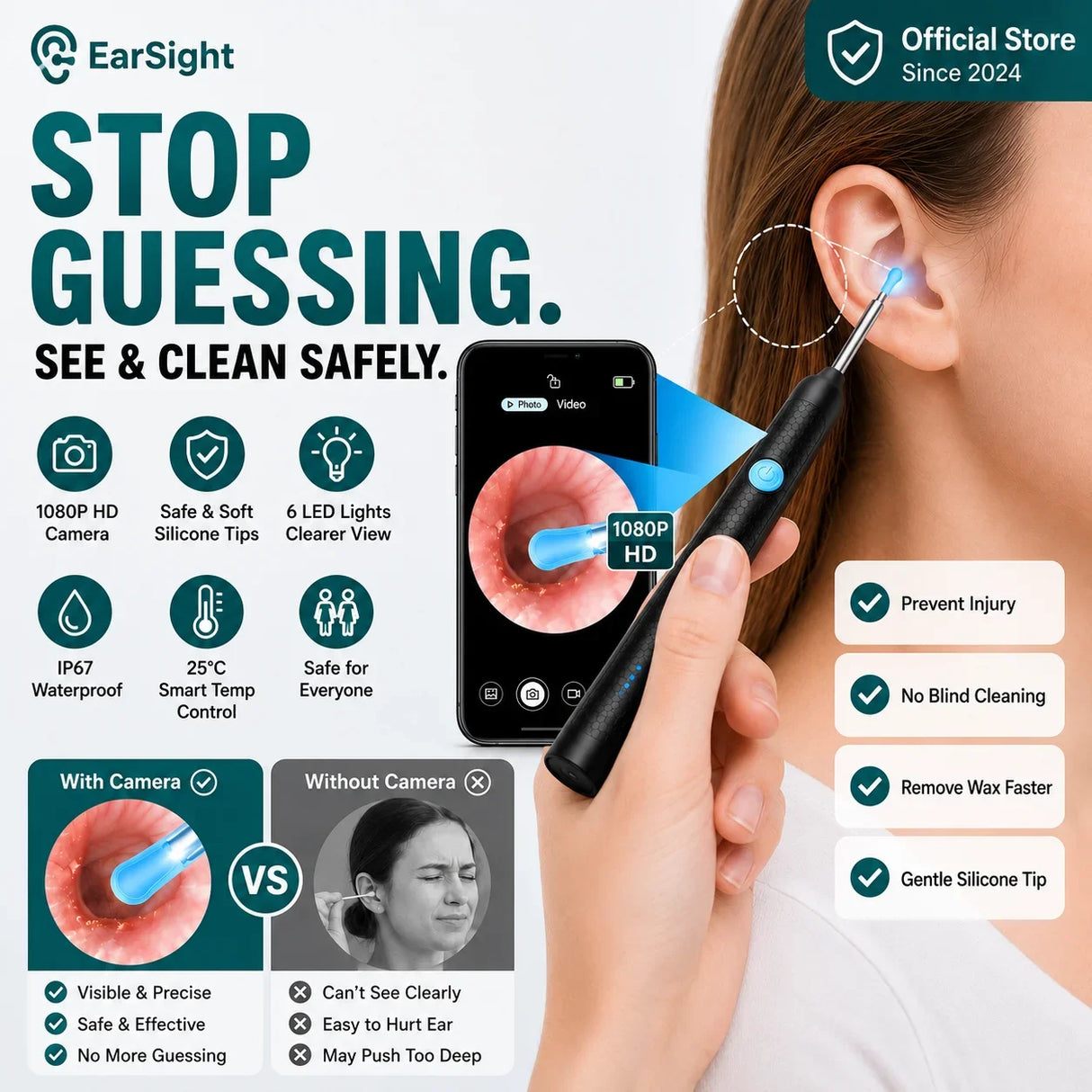 Visual Ear Wax Remover 1080P HD Camera USB-C Rechargeable Ear Cleaner IP67 Waterproof Otoscope with 6 LED Lights for Adults Kids