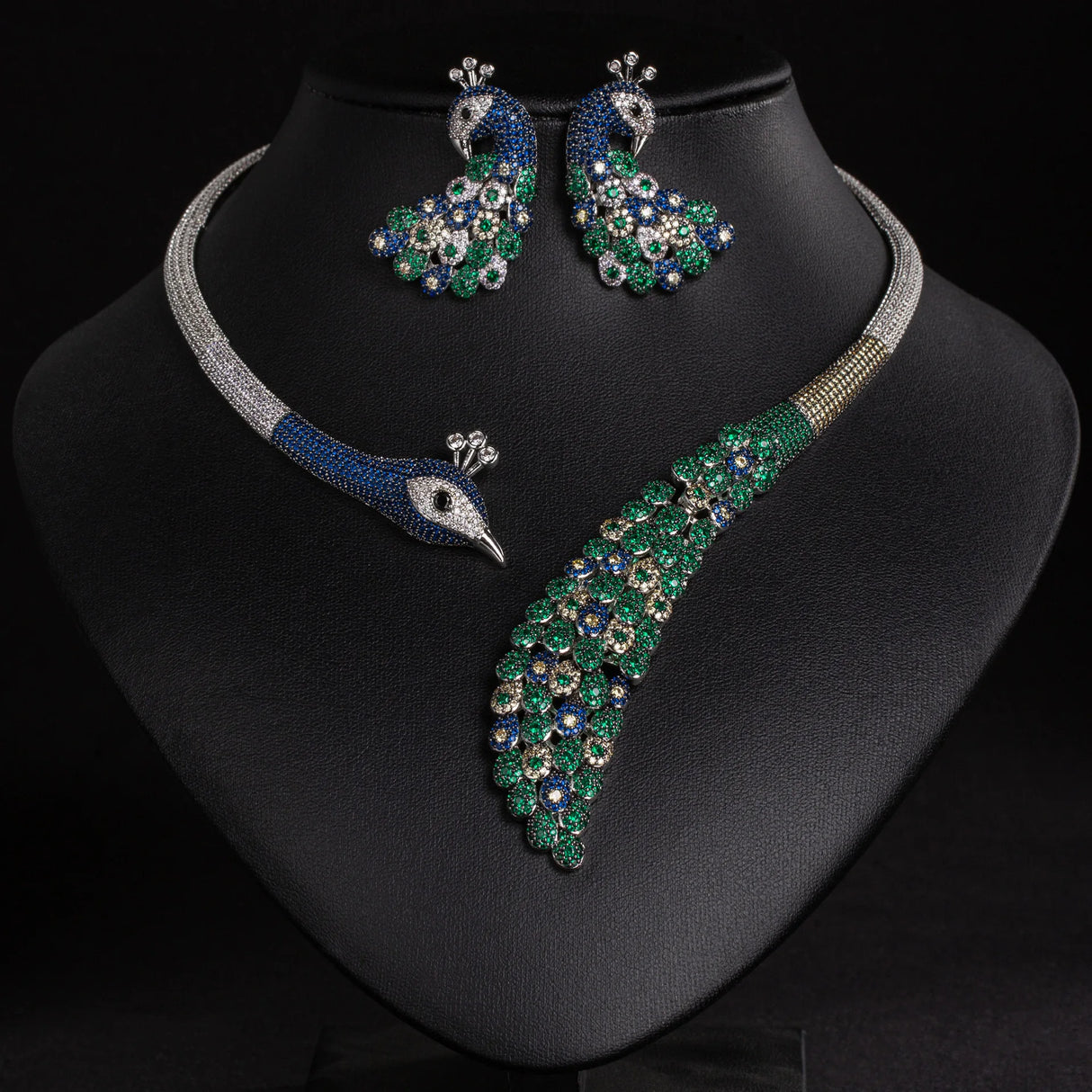 Women's Full Diamond Colored Gemstone Peacock Necklace and Earring Set, Bridal Dress Accessories